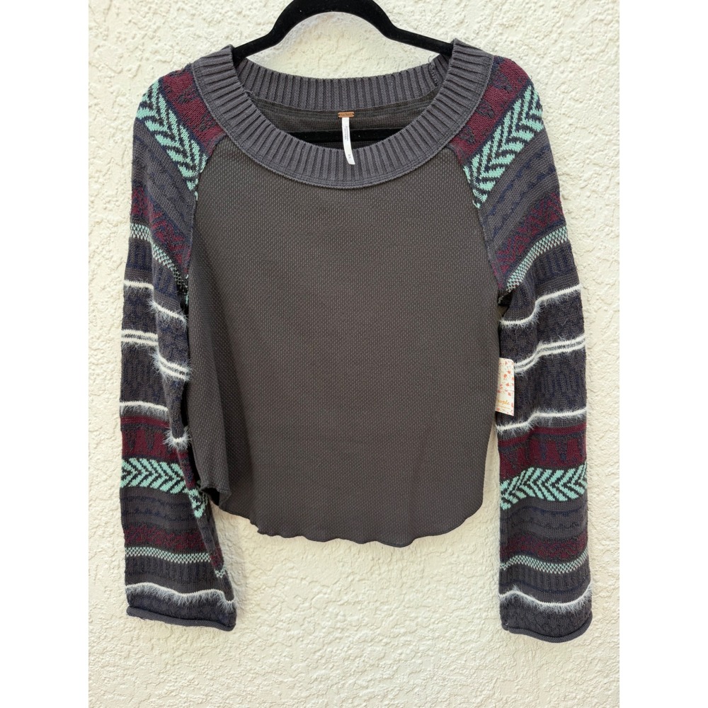 Free People Washed Black Combo Thermal Mixed Pattern Knit Top OB839112 Medium